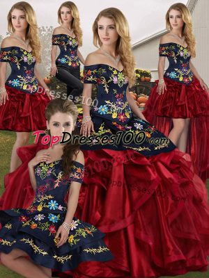 Red And Black Organza Lace Up Quinceanera Dresses Sleeveless Floor Length Embroidery and Ruffles