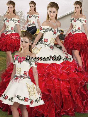 Off The Shoulder Sleeveless Organza 15 Quinceanera Dress Embroidery and Ruffles Lace Up
