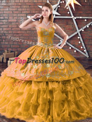 Gold Lace Up Sweetheart Embroidery and Ruffled Layers Quinceanera Gown Organza Sleeveless