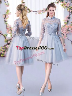 Sumptuous Grey Empire Lace and Belt Quinceanera Court of Honor Dress Lace Up Tulle Half Sleeves Knee Length