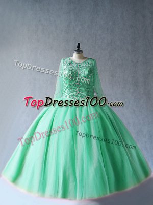 Dramatic Long Sleeves Tulle Floor Length Lace Up Sweet 16 Dresses in Apple Green with Beading
