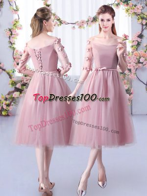Popular Pink Empire Appliques and Belt Bridesmaid Dress Lace Up Tulle Half Sleeves Tea Length