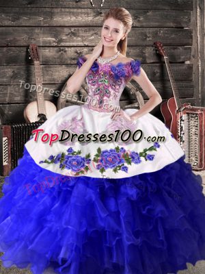 Fine Royal Blue Lace Up Off The Shoulder Embroidery and Ruffles Quinceanera Dress Organza Sleeveless