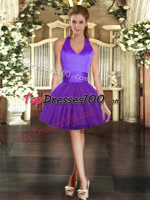 Luxury Mini Length Purple Tulle Sleeveless Ruching