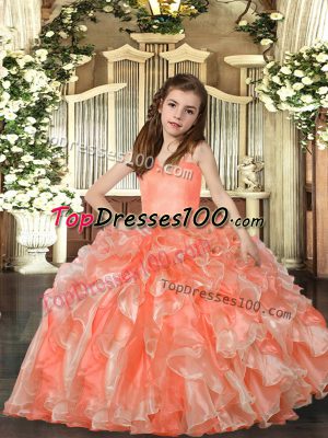 Peach Lace Up Straps Ruffles Kids Pageant Dress Organza Sleeveless