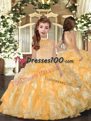 Halter Top Sleeveless Evening Gowns Floor Length Beading and Ruffles Gold Organza