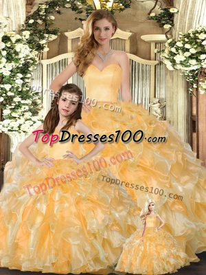 Extravagant Beading and Ruffles Sweet 16 Dresses Gold Lace Up Sleeveless Floor Length