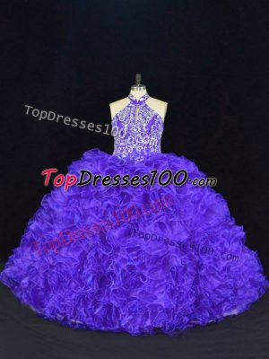 Ball Gowns Quinceanera Dresses Purple Halter Top Organza Sleeveless Floor Length Lace Up