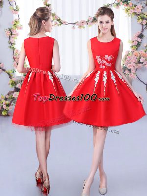 Red Satin and Tulle Zipper Scoop Sleeveless Knee Length Wedding Party Dress Appliques