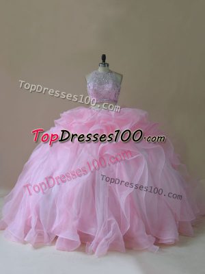 Fantastic Halter Top Sleeveless Brush Train Lace Up Sweet 16 Dresses Baby Pink Organza