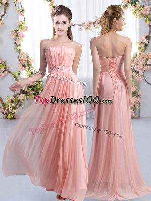 Beauteous Pink Lace Up Strapless Beading Bridesmaid Gown Chiffon Sleeveless Sweep Train