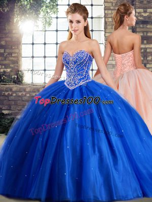 Noble Blue Quince Ball Gowns Military Ball and Sweet 16 and Quinceanera with Beading Sweetheart Sleeveless Brush Train Lace Up