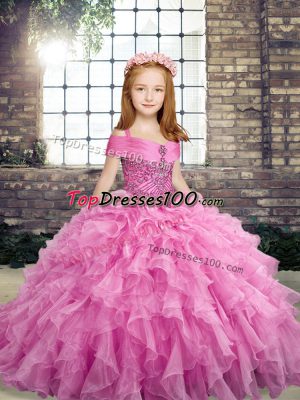 Elegant Lilac Girls Pageant Dresses Party and Military Ball and Wedding Party with Beading and Ruffles Straps Sleeveless Lace Up
