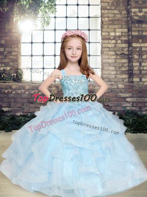Beading and Ruffles Little Girl Pageant Gowns Light Blue Lace Up Sleeveless Floor Length