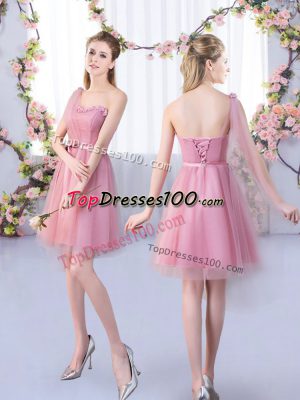 Spectacular One Shoulder Sleeveless Lace Up Vestidos de Damas Pink Tulle