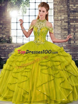 Custom Fit Floor Length Olive Green Sweet 16 Dresses Halter Top Sleeveless Lace Up