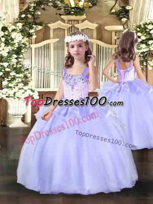 Perfect Lavender Lace Up Straps Beading Evening Gowns Organza Sleeveless