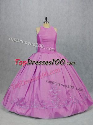 Scoop Sleeveless Sweet 16 Quinceanera Dress Floor Length Embroidery Lilac Satin