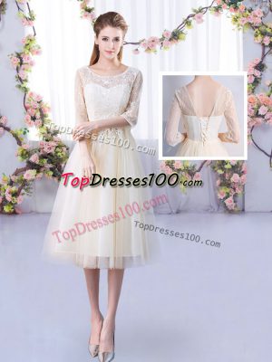 Tea Length Champagne Vestidos de Damas Tulle Half Sleeves Lace