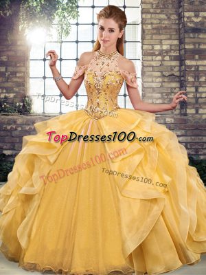 Glorious Sleeveless Organza Floor Length Lace Up Sweet 16 Dresses in Gold with Beading and Ruffles