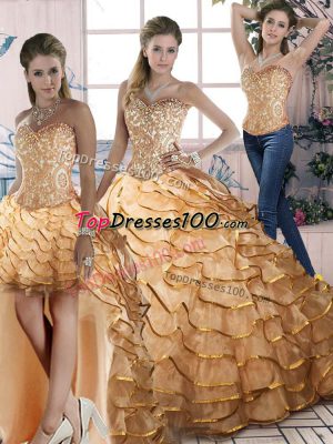 Organza Halter Top Sleeveless Brush Train Lace Up Ruffled Layers Quinceanera Dresses in Gold