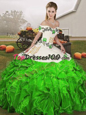 Ball Gowns Quinceanera Gown Green Off The Shoulder Organza Sleeveless Floor Length Lace Up