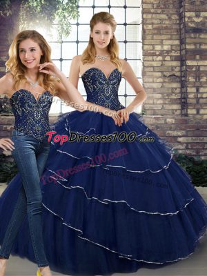 Sumptuous Navy Blue Sweet 16 Quinceanera Dress Military Ball and Sweet 16 and Quinceanera with Beading and Ruffled Layers Sweetheart Sleeveless Brush Train Lace Up