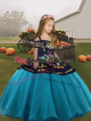 Beautiful Teal Organza Lace Up Straps Sleeveless Floor Length Little Girls Pageant Dress Embroidery