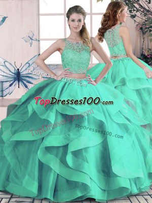 Floor Length Turquoise Quinceanera Dresses Scoop Sleeveless Lace Up