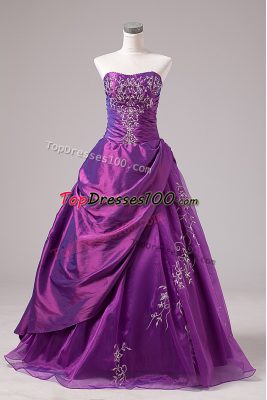 Hot Sale Purple Organza Zipper Vestidos de Quinceanera Sleeveless Floor Length Embroidery