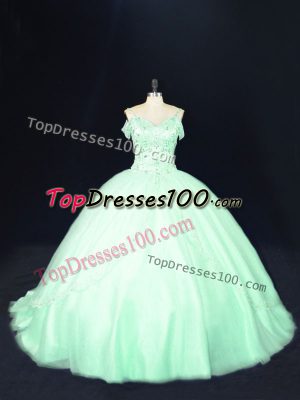 Apple Green Quinceanera Dresses Sweet 16 and Quinceanera with Beading Off The Shoulder Sleeveless Court Train Lace Up