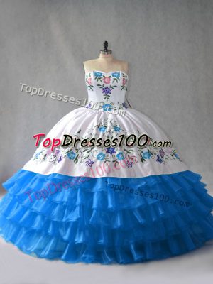 Floor Length Blue And White Ball Gown Prom Dress Sweetheart Sleeveless Lace Up