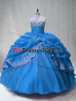 Wonderful Floor Length Lace Up Vestidos de Quinceanera Blue for Sweet 16 and Quinceanera with Beading and Appliques and Pick Ups