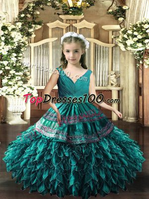 Lovely Teal Ball Gowns Beading and Appliques and Ruffles Little Girls Pageant Dress Backless Organza Sleeveless Floor Length