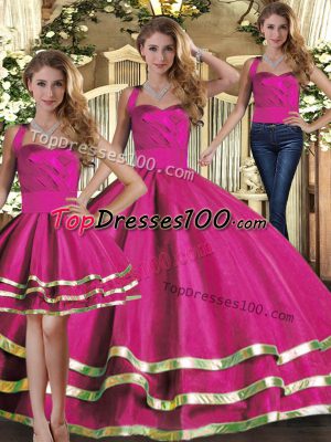 Affordable Sleeveless Tulle Floor Length Lace Up Quinceanera Gown in Fuchsia with Ruffled Layers