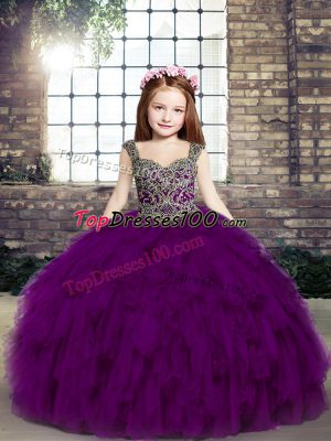 Purple Girls Pageant Dresses Party and Military Ball and Wedding Party with Beading and Ruffles Straps Sleeveless Lace Up