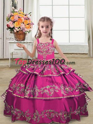 Dramatic Sleeveless Satin Floor Length Lace Up Little Girls Pageant Dress in Fuchsia with Embroidery and Ruffled Layers