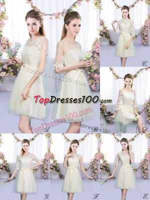 Scoop Sleeveless Bridesmaid Dresses Mini Length Lace and Bowknot Champagne Tulle
