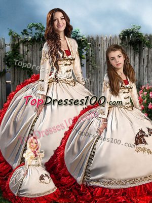 Romantic White And Red Ball Gowns Satin Sweetheart Sleeveless Embroidery Floor Length Lace Up 15 Quinceanera Dress