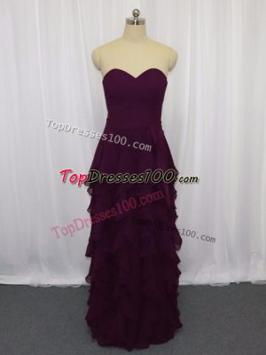 Sleeveless Chiffon Floor Length Zipper Homecoming Dress in Dark Purple with Ruffled Layers and Ruching