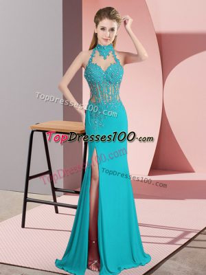 Fitting Aqua Blue Column/Sheath Beading Celebrity Prom Dress Backless Chiffon Sleeveless Floor Length