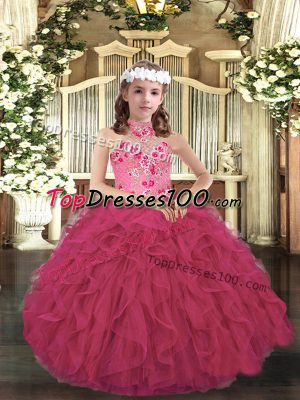 Perfect Hot Pink Organza Lace Up Kids Pageant Dress Sleeveless Floor Length Appliques and Ruffles