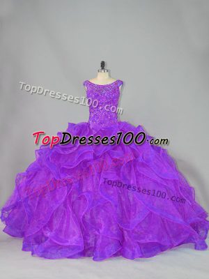 Beading and Ruffles Quince Ball Gowns Purple Lace Up Sleeveless Brush Train