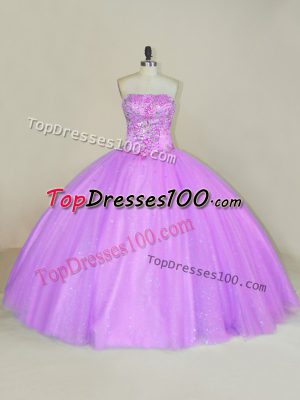 Affordable Lilac Tulle Lace Up 15 Quinceanera Dress Sleeveless Floor Length Sequins