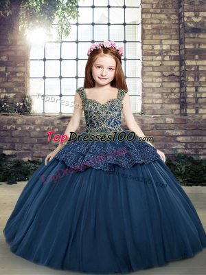 Navy Blue Ball Gowns Tulle Straps Sleeveless Beading and Appliques Floor Length Lace Up Kids Formal Wear