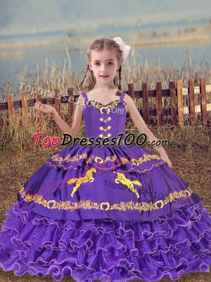 Graceful Lavender Sleeveless Beading and Embroidery and Ruffled Layers Floor Length Little Girls Pageant Gowns
