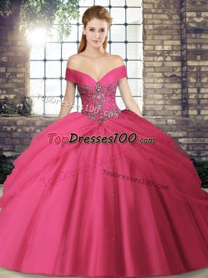 Sexy Hot Pink Ball Gowns Beading and Pick Ups Ball Gown Prom Dress Lace Up Tulle Sleeveless