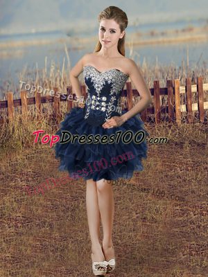 Admirable Navy Blue Sleeveless Beading and Ruffled Layers Mini Length Homecoming Dress