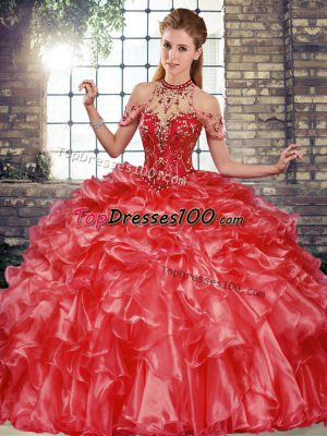Affordable Halter Top Sleeveless Lace Up Quinceanera Gowns Coral Red Organza