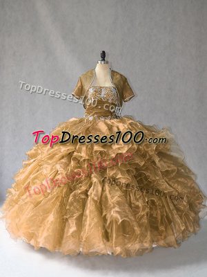 Brown Lace Up Strapless Beading and Ruffles Sweet 16 Dresses Organza Sleeveless